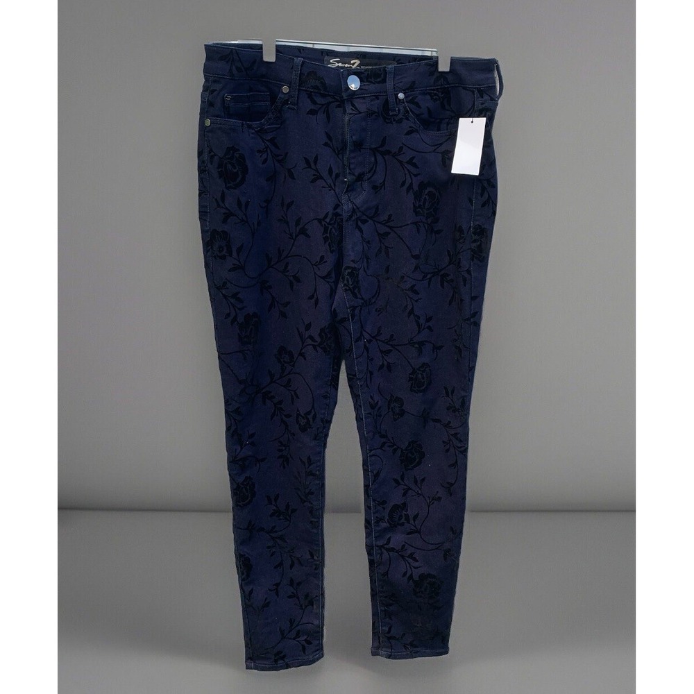 Seven7 Mid Rise Skinny Navy Blue Limited Jeans Velvet Floral Flower Pattern 14